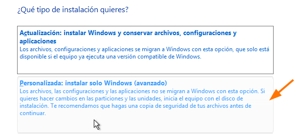Instal·lació Windows 2, seleccionem personalitzat