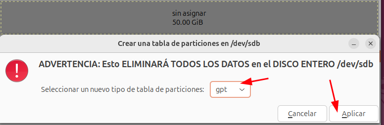 Gparted creació taula particions 2