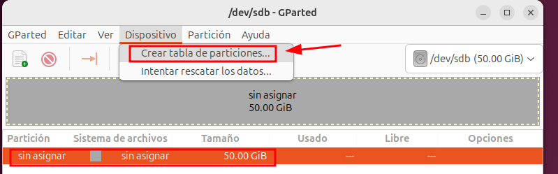 Gparted creació taula particions 1