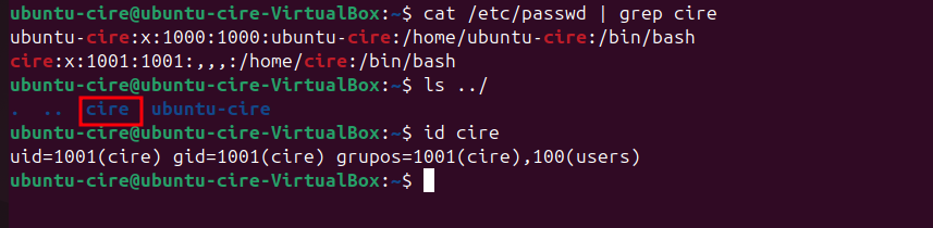 Comprovar en passwd la creacio de cire