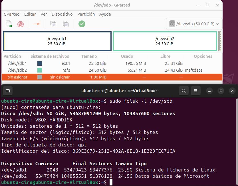 GParted comprovacions particions creades