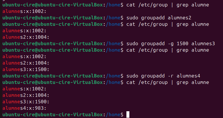 Creació grups i comprovació grups