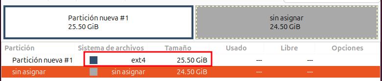 Gparted partició 1 creada