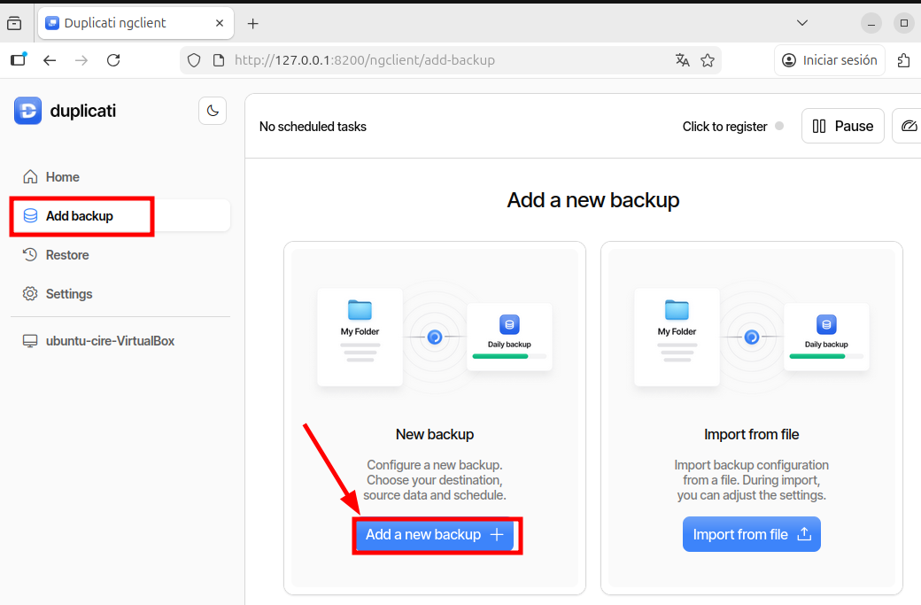 Fer clic a Add a new backup