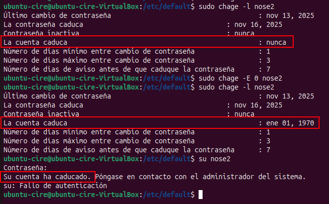 Execució chage -E 0