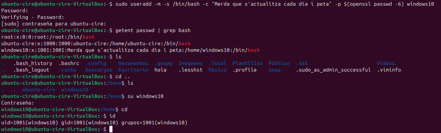 Creació usuari exercici exemple windows10