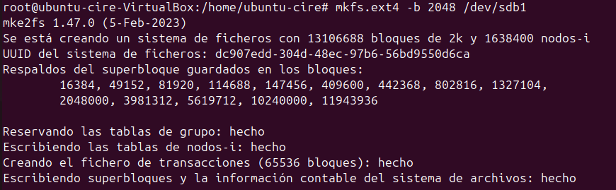 Formatant particio 1 mida bloc 2048 i en EXT4