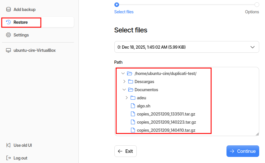 Mostrant llista copia en Restore
