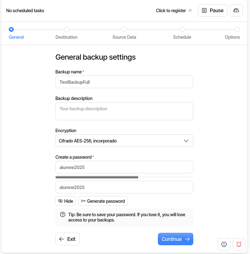 General backup setting screen 1