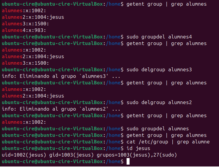 Eliminació basica amb delgroup i groupdel