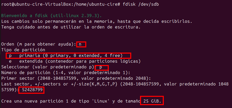 Creant particio 1 fdisk