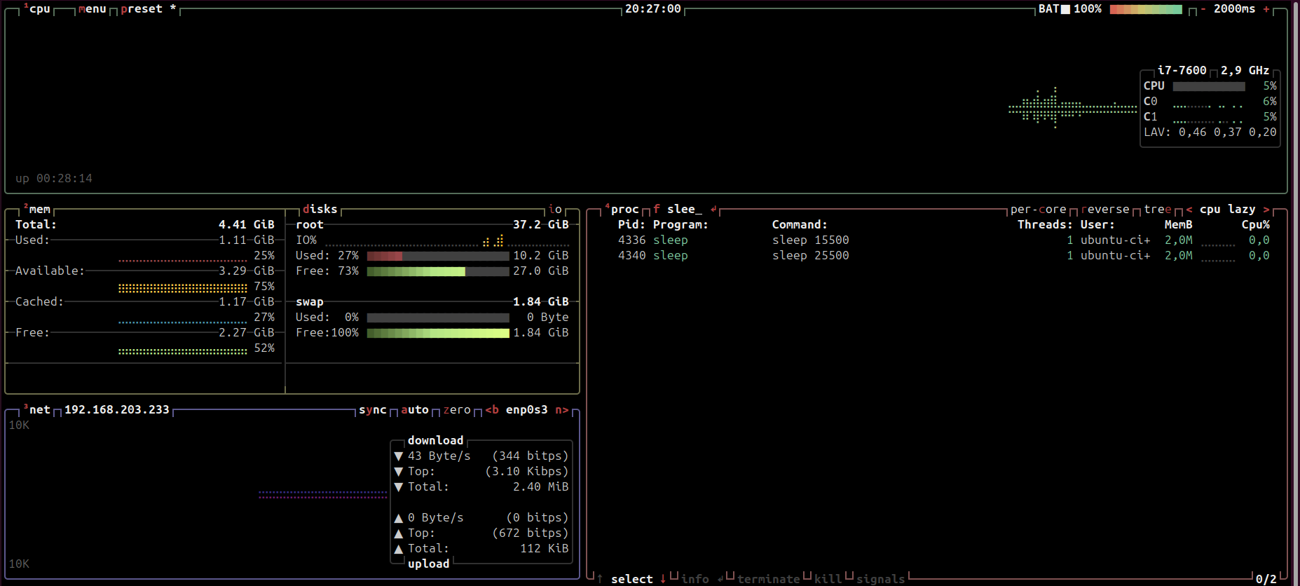 BTOP interficie, buscant amb / al sleep previ