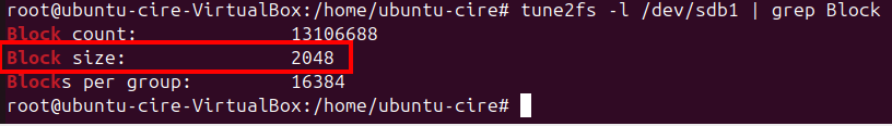 Comprovació mida bloc tune2fs