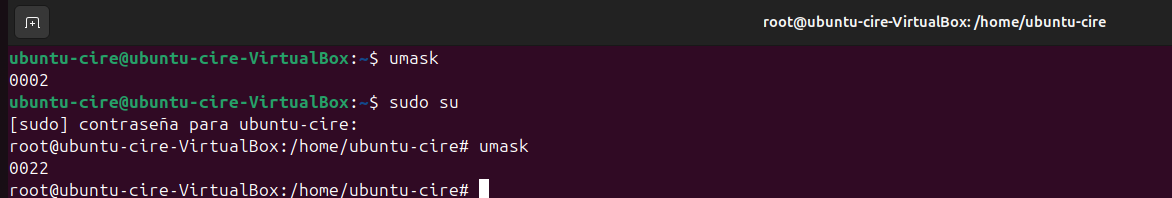 Captura comprovació umask usuario normal i root