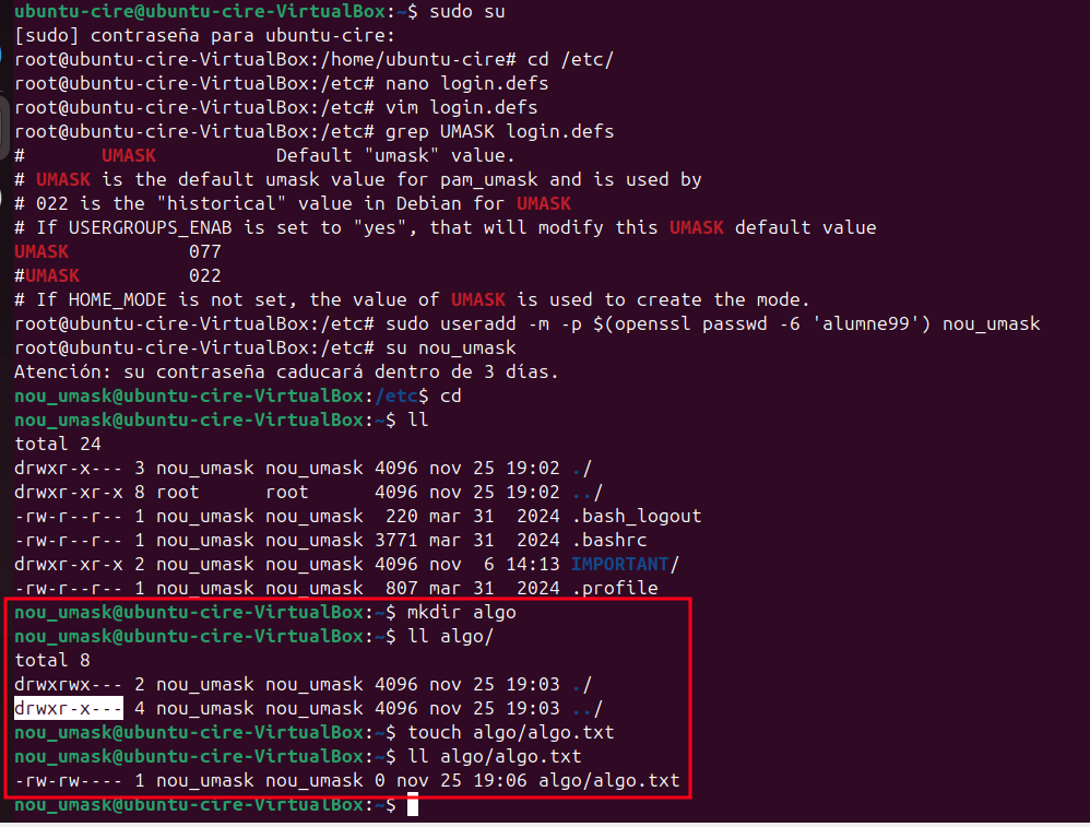 Comprovació umask permanent login.defs