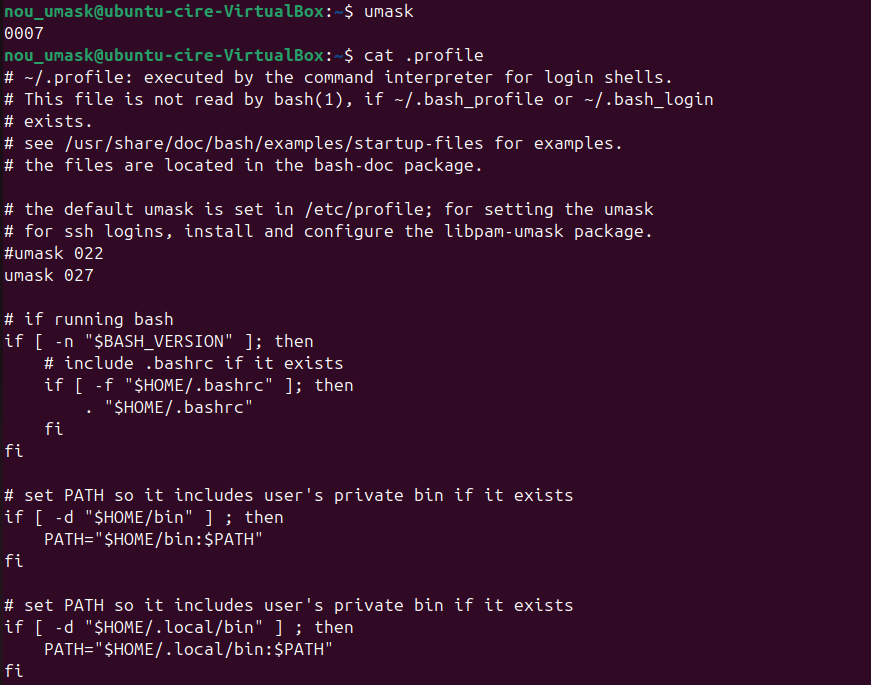 Comprovació .profile previ login umask