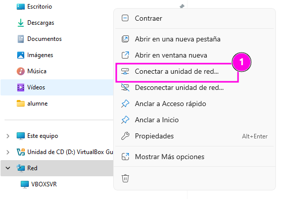 1r pas, clic dret a xarxa > Connectat a unitat...