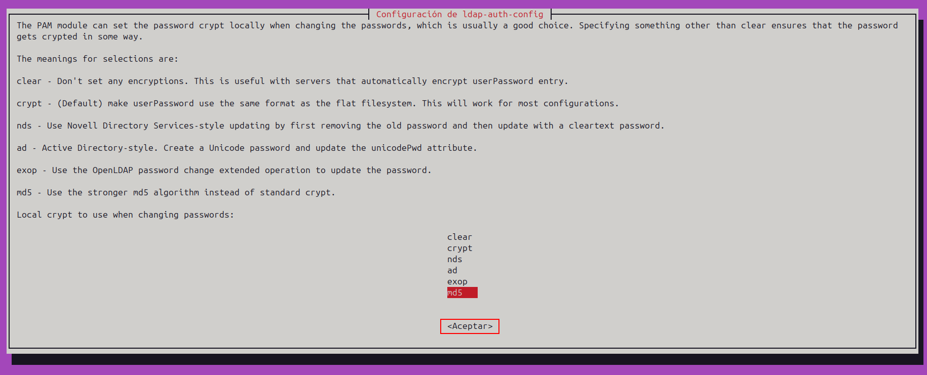Pantalla 5 ldap root account password encryption