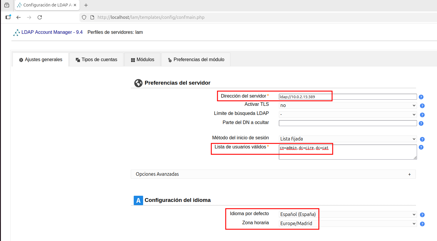 Ajustes general - direccio IP i usuaris valids domini dc