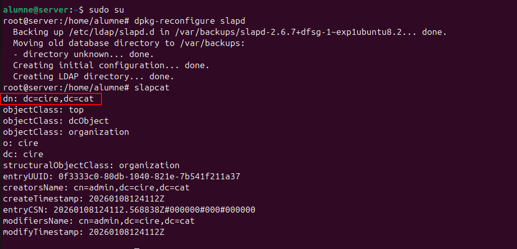 Comprovació del slapcat que tenim el domini